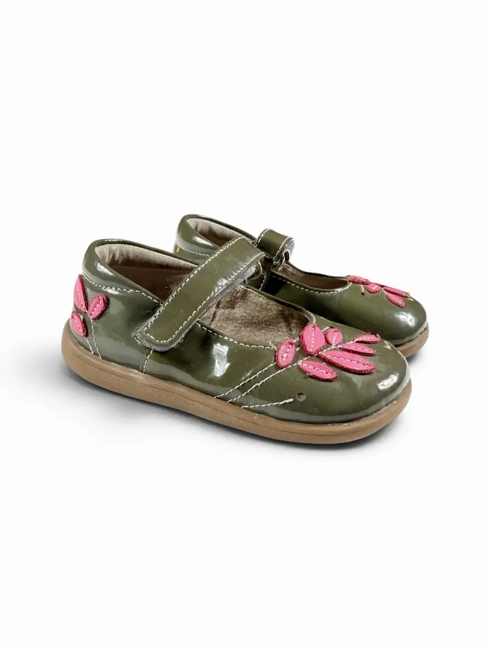 See Kai Run Adeline Olive Patent Leather Floral Mary Jane Shoes Size 6 Toddler